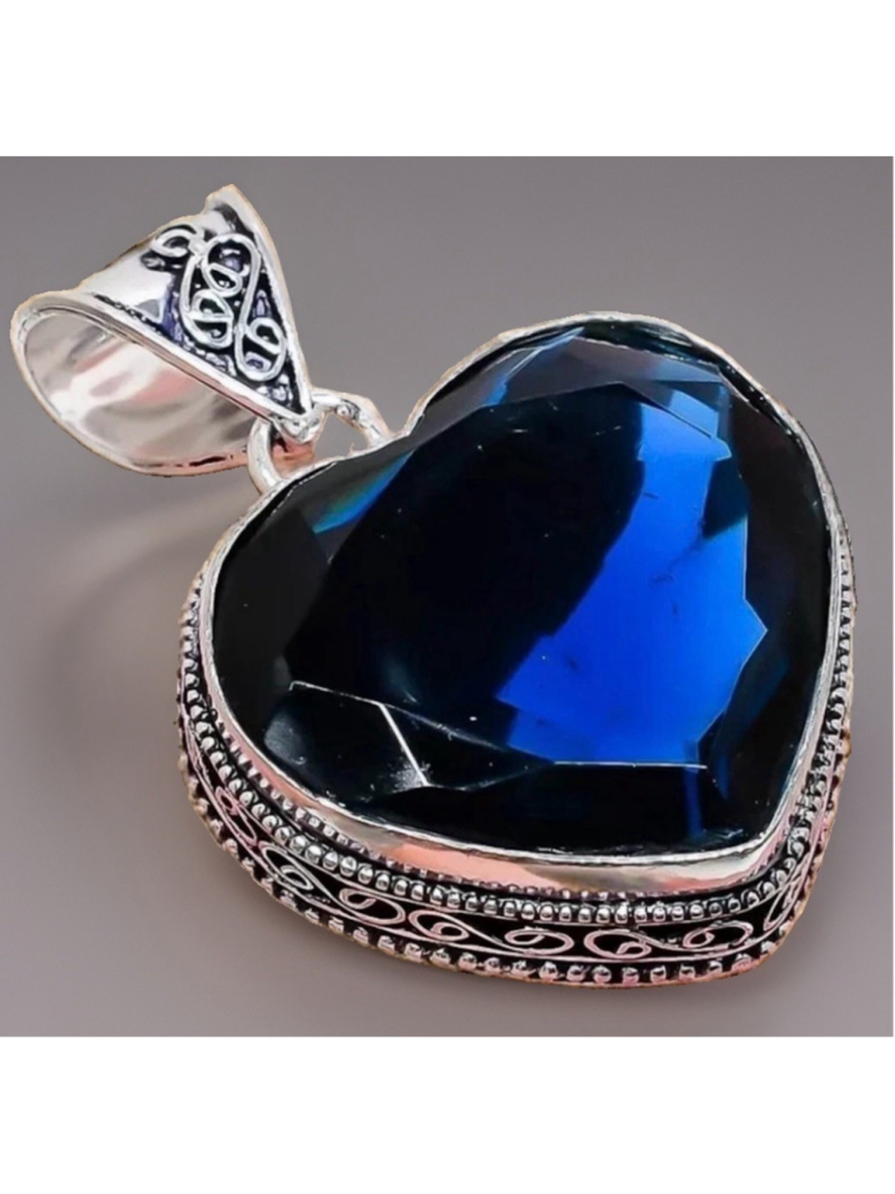 925 Sterling Silver Large Royal Blue Gem Jewelry Heart Boho Pendant 2.2''